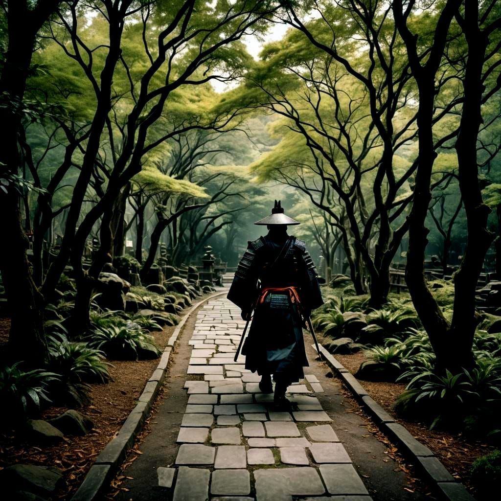 Samurai in Haunted Garden: Cinematic Film Still