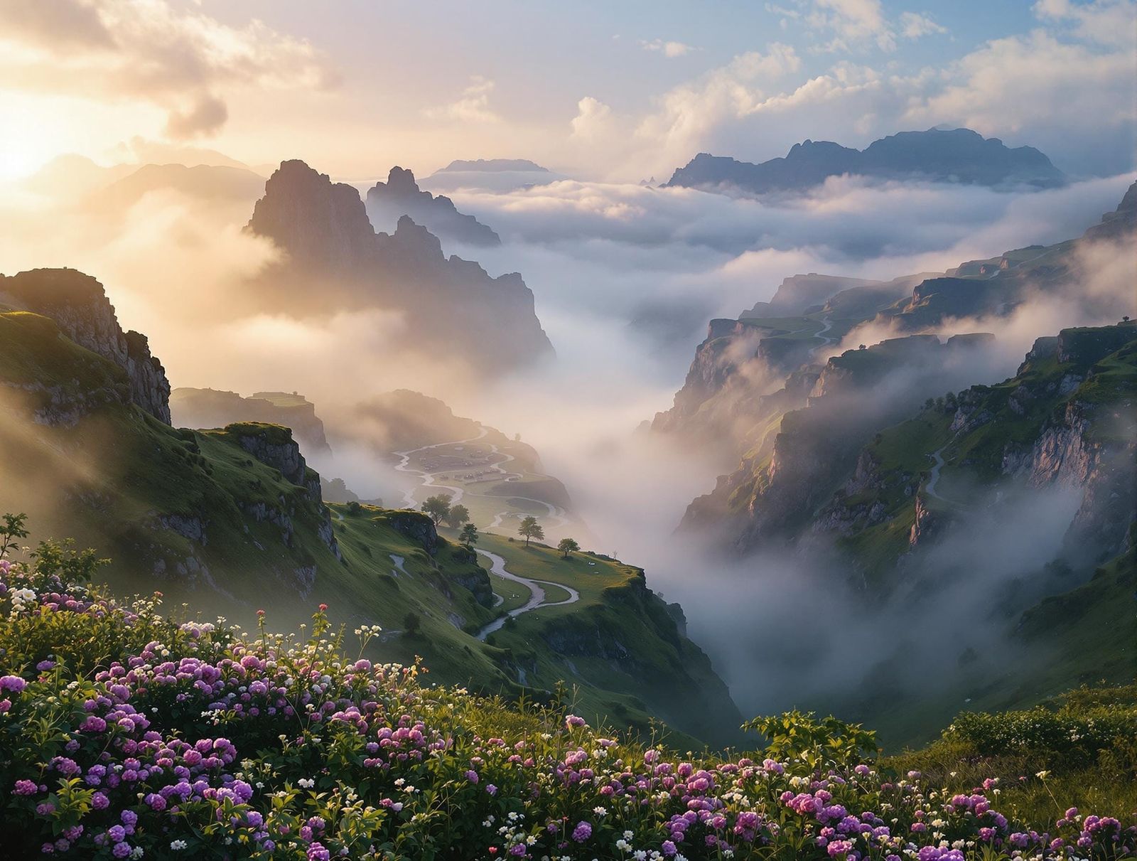 Majestic Norse Fjord at Misty Sunrise: Aerial View