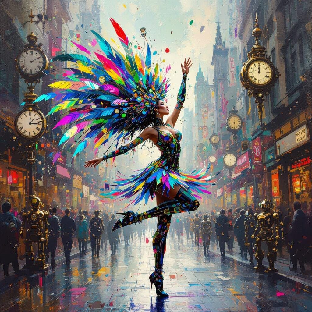 Surrealism. A woman with iridescent feathers instead of hair...