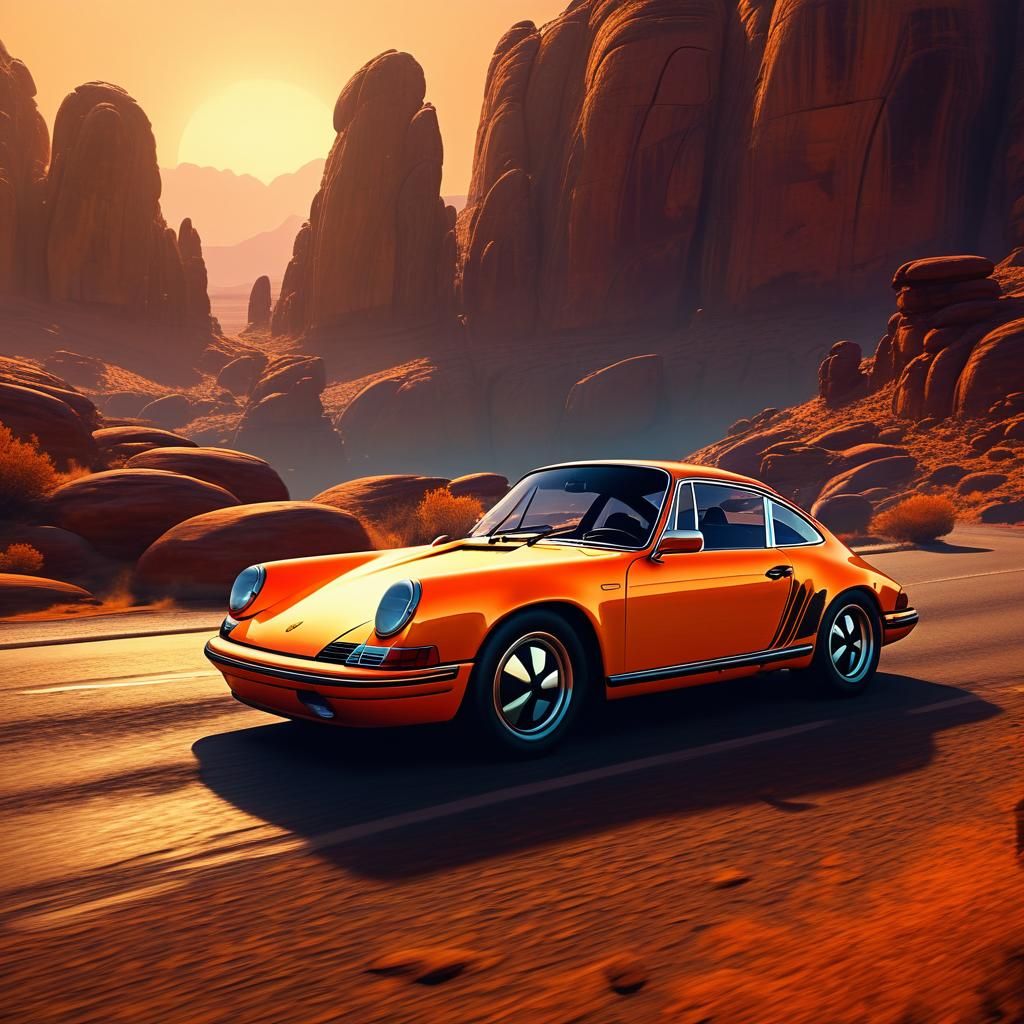 Vintage Porsche Drives into Sunset: Matte Painting