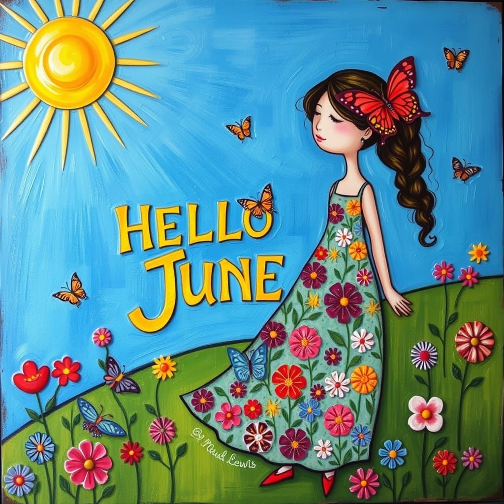 Whimsical Woman in Floral Dress, Folk Art Style