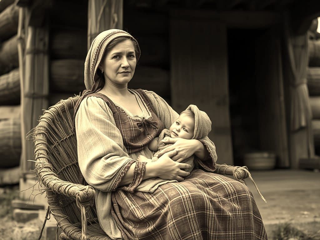 Sepia Image of Peasant Woman Holding Child