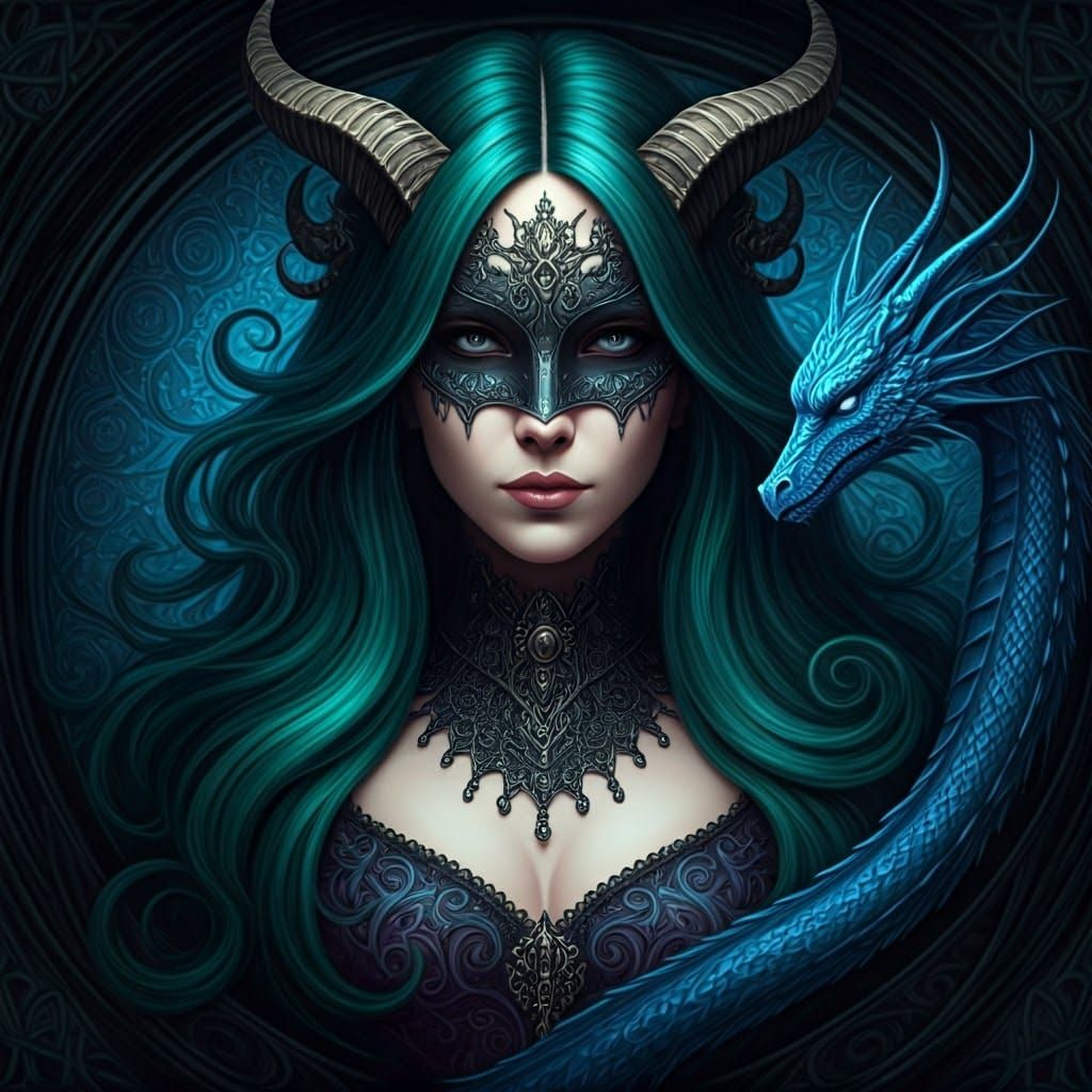 Emerald Haired Woman with Dragon in Dark Fantasy Style