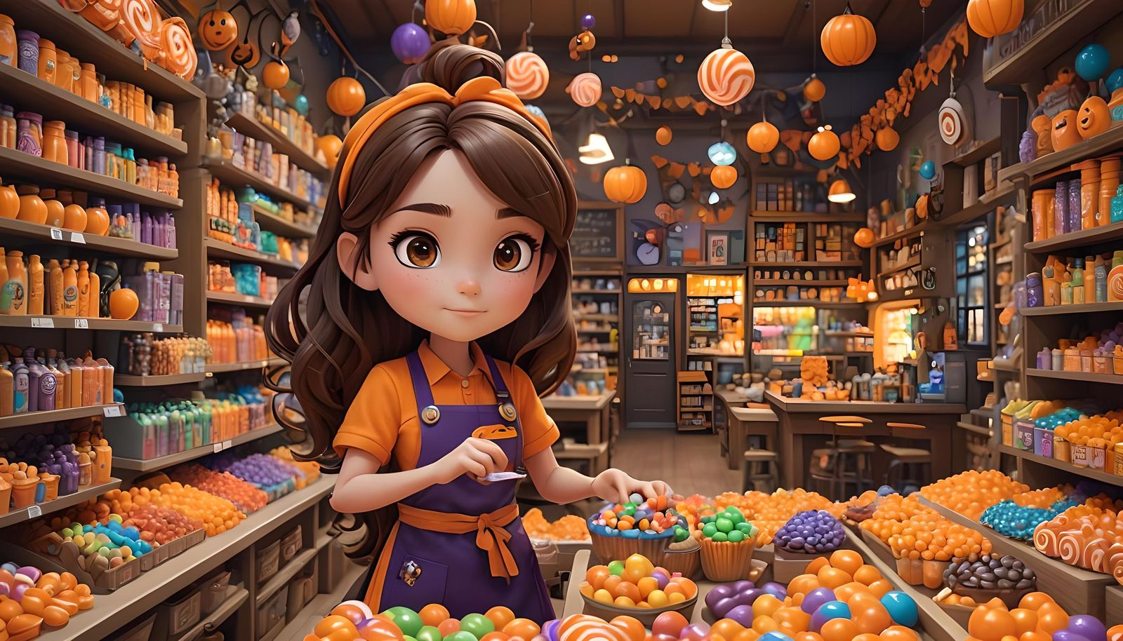 Chibi Girl in Halloween Candy Shop: 3D Digital Art