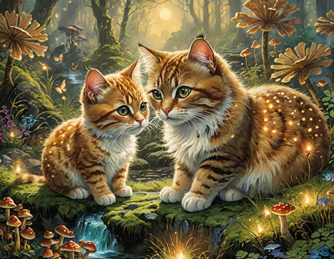 Cats in Mystical Forest: Ethereal Fantasy Art