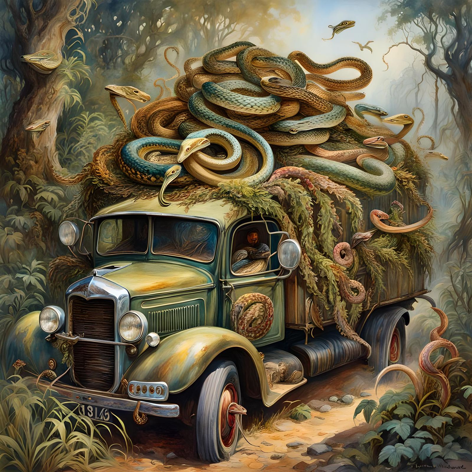 Hyperrealistic Truckload of Snakes Watercolor Illustration