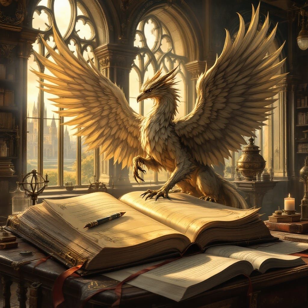 Antique Griffin Illustration in Elegant Study