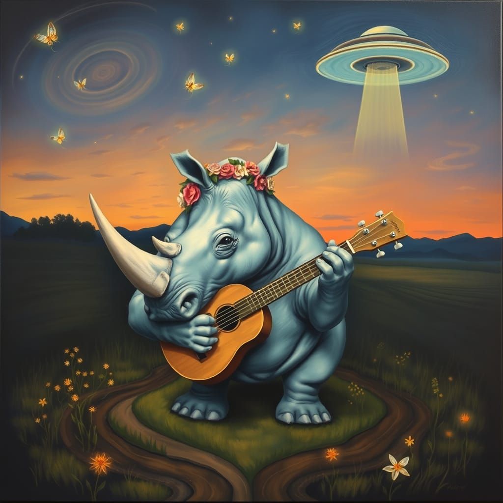 Rhinoceros Ukulele Serenade: A Surrealist Dreamscape