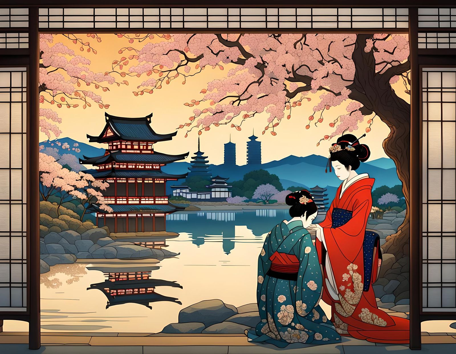 Geisha Kneeling Before Altar in Art Nouveau Style