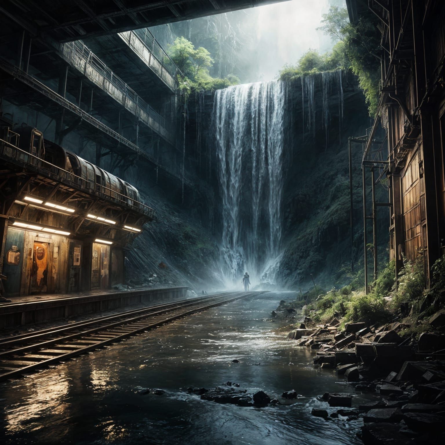 Glowing Waterfall Floods Abandoned Subway: Post-Apocalyptic ...
