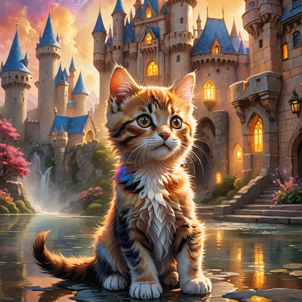 Kitten Before Magical Castle: Fantasy Concept Art