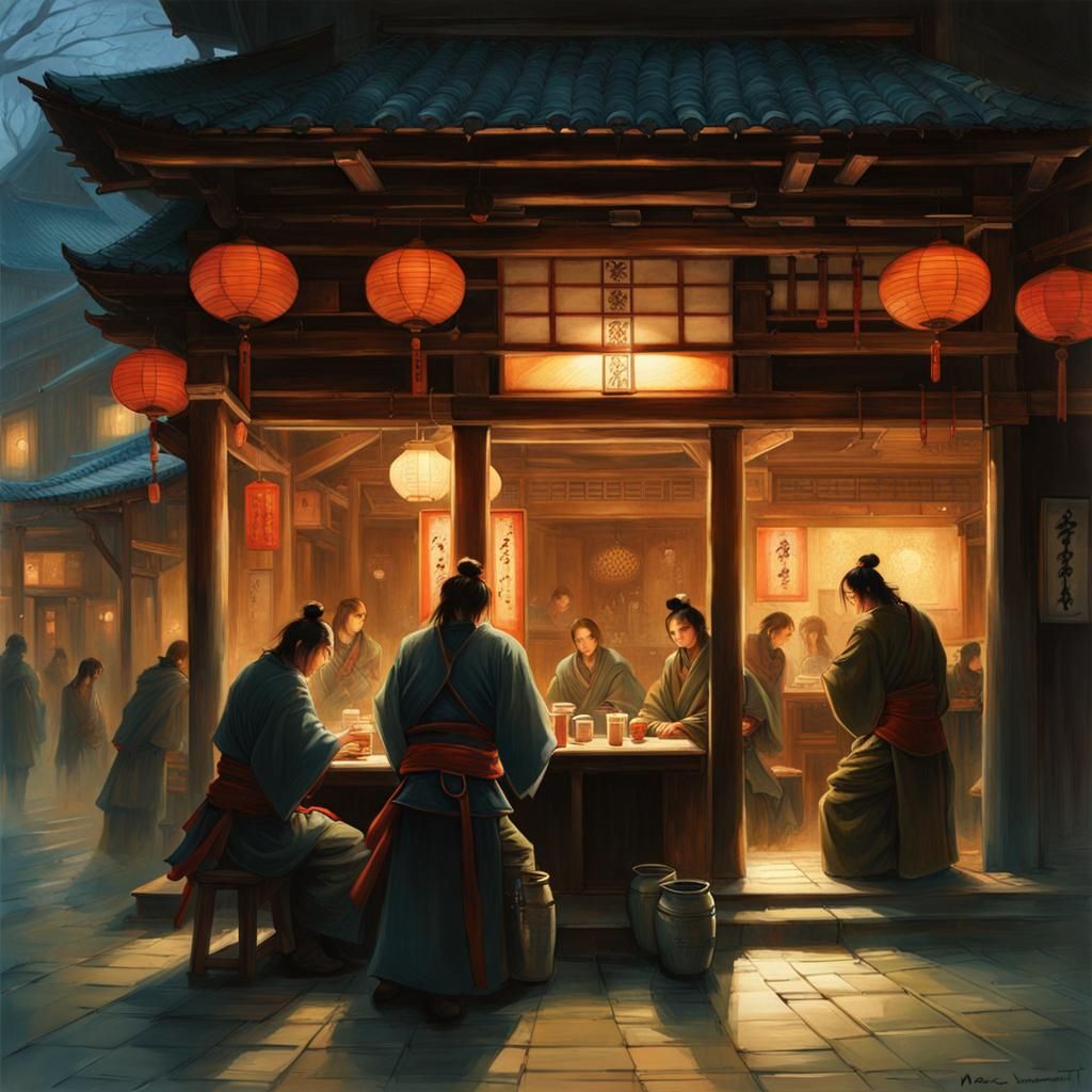 Medieval Japanese Samurai Cafe at Night Painting