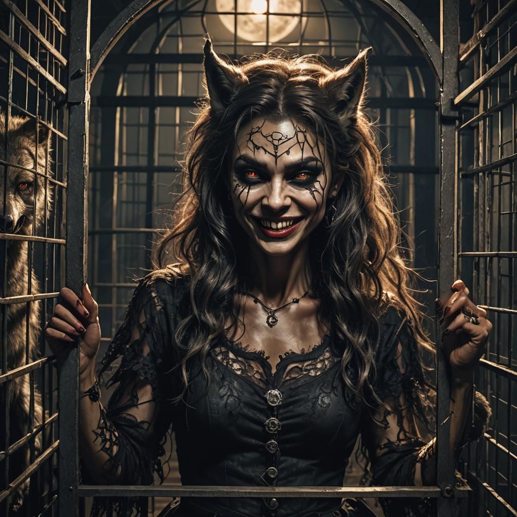 Smiling Werewolf Woman in Cage: Dark Fantasy Portrait