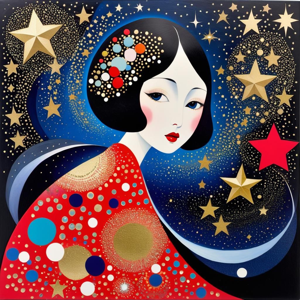 Sparkling Star Collage in Style of Laurencin and Kusama