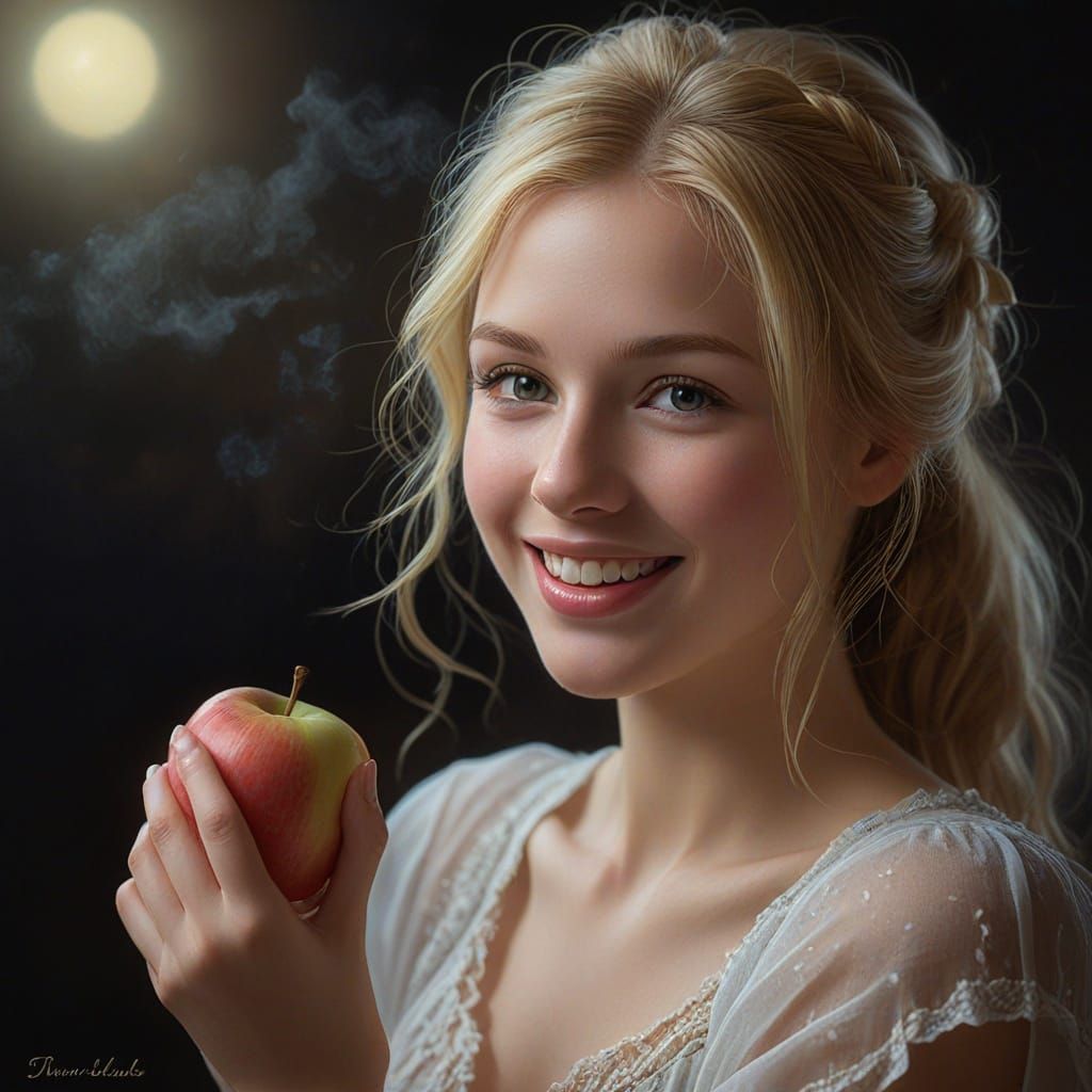 Blond Woman Eating Apple in Ethereal Fantasy Mist