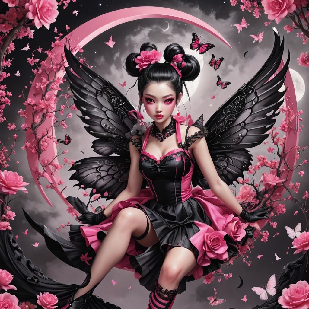 Winged Woman on Moon Swing: Fantastical Digital Art