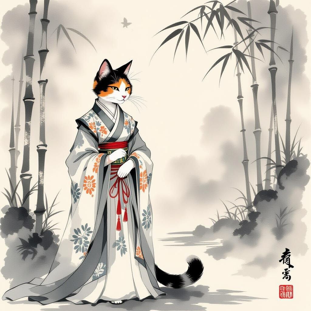 Calico Cat Noble in Ancient Chinese Ink Wash Style