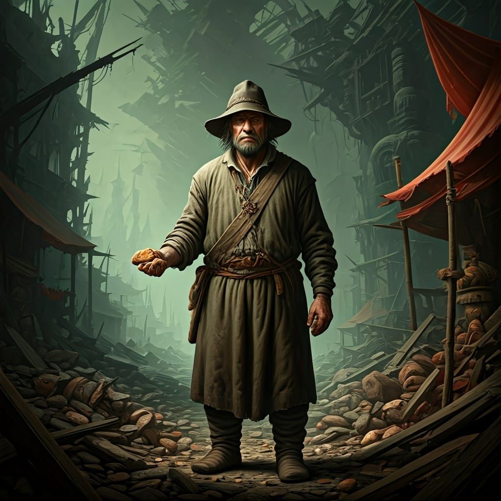 Peasant in Bizarre Market with Biscuit, Dark Surrealism