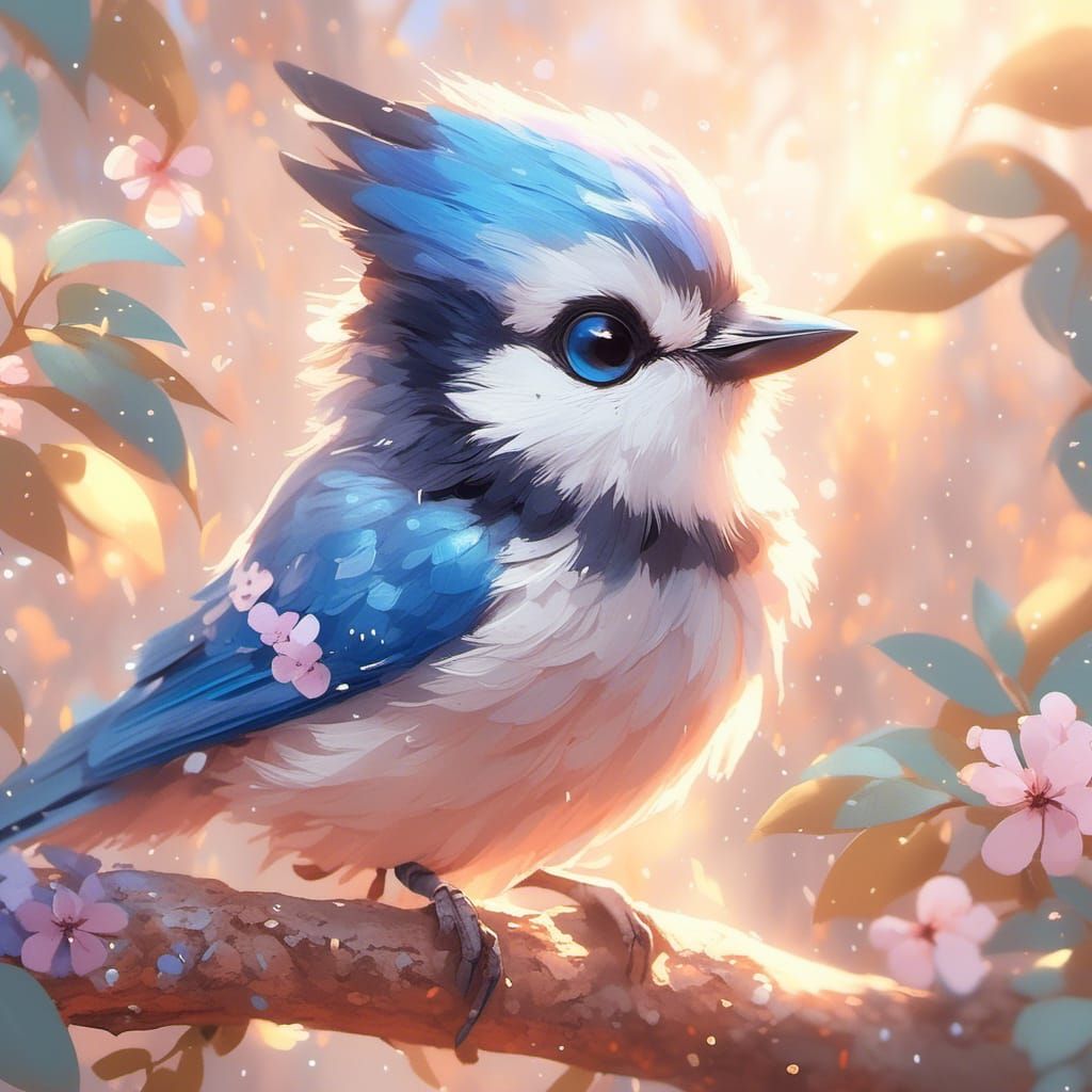 Pastel Bluejay Portrait in Forest, WLOP Style