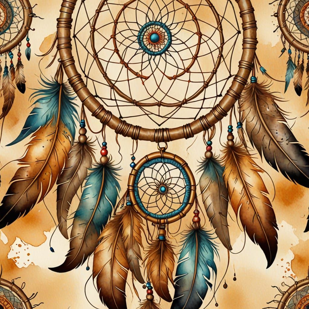 Earthy Watercolor Dreamcatcher in Native American Folk Art