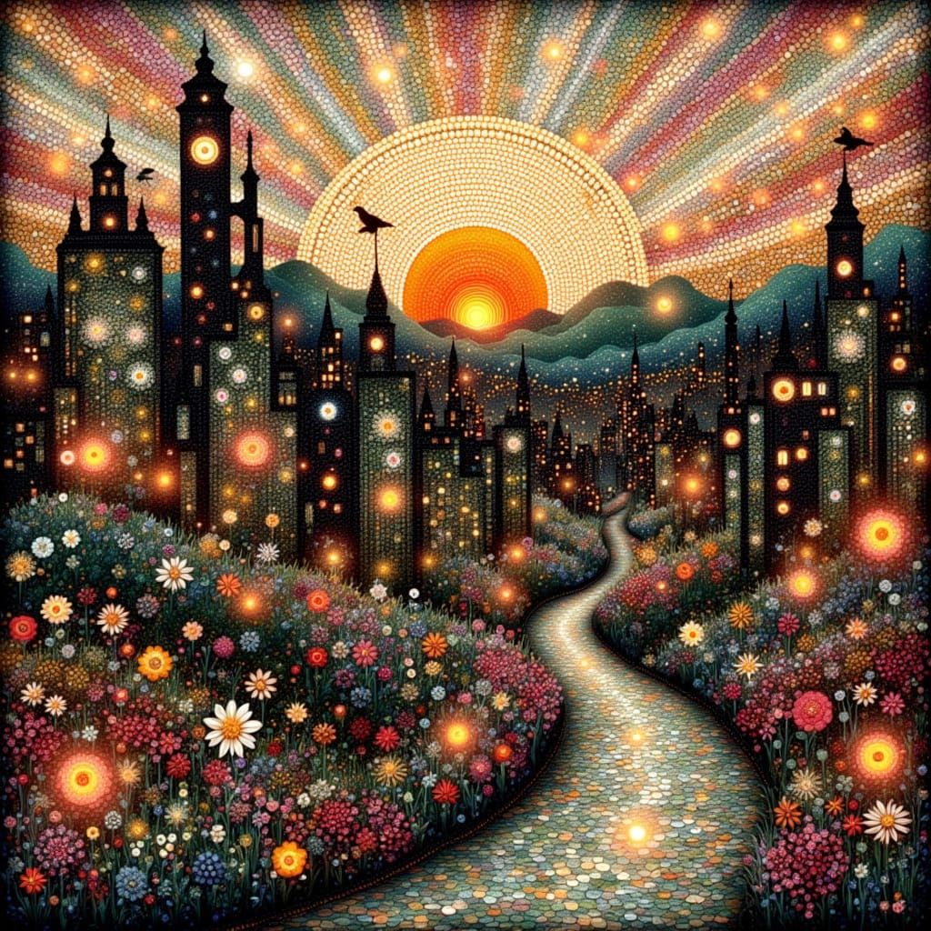 Kintsugi Mosaic Cityscape with Art Nouveau Elements