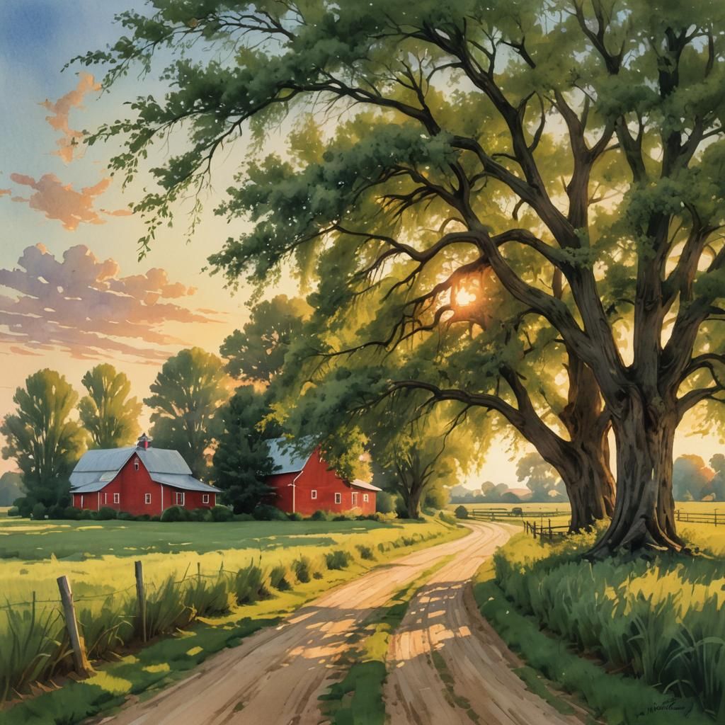 Indiana Farmland Sunset in Watercolor Style