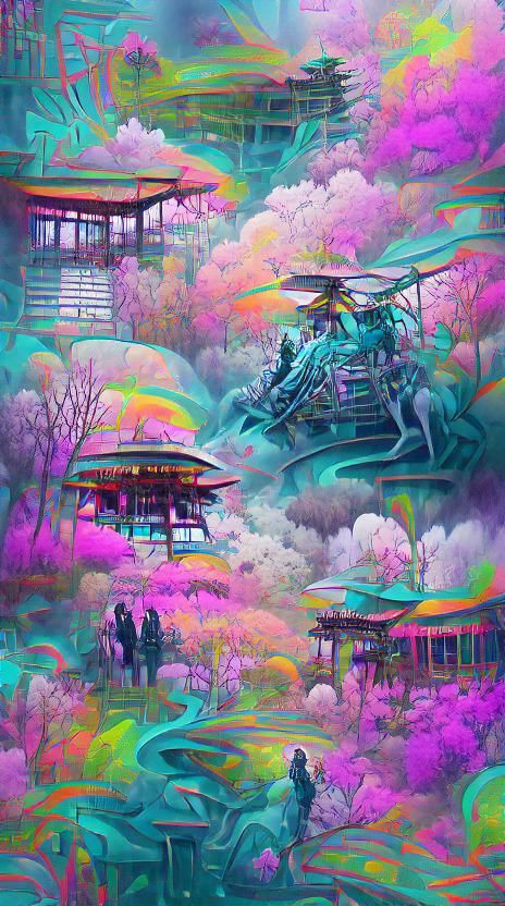 Psychedelic Cyberpunk Japanese Tea Garden in Pastel