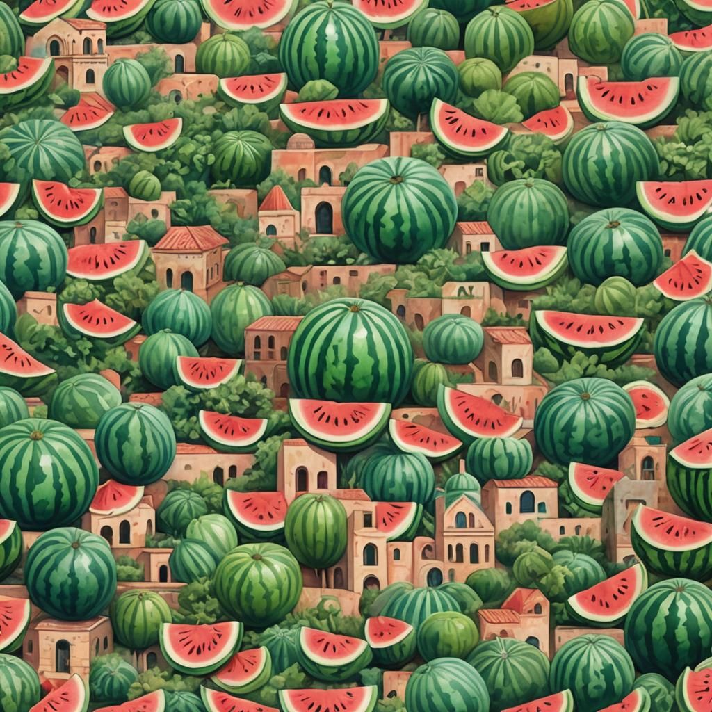 Arabic House in Watermelon, Gouache Impressionist Painting