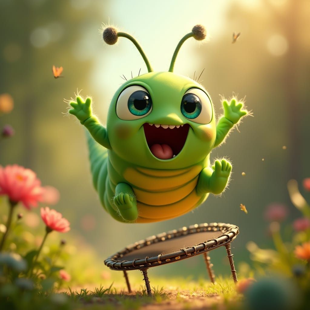 Joyful Caterpillar Bouncing in Whimsical Garden
