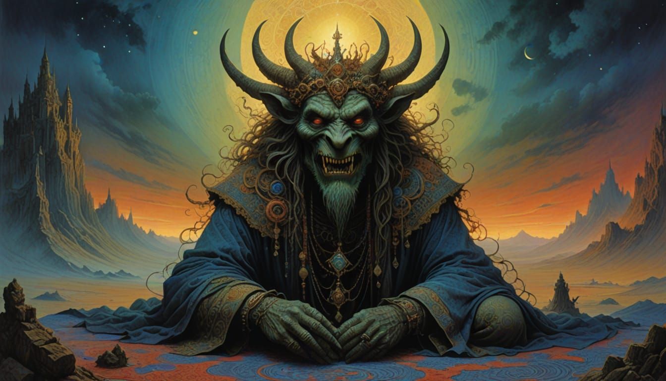 Fantastical Demon Rides Ornate Magic Carpet