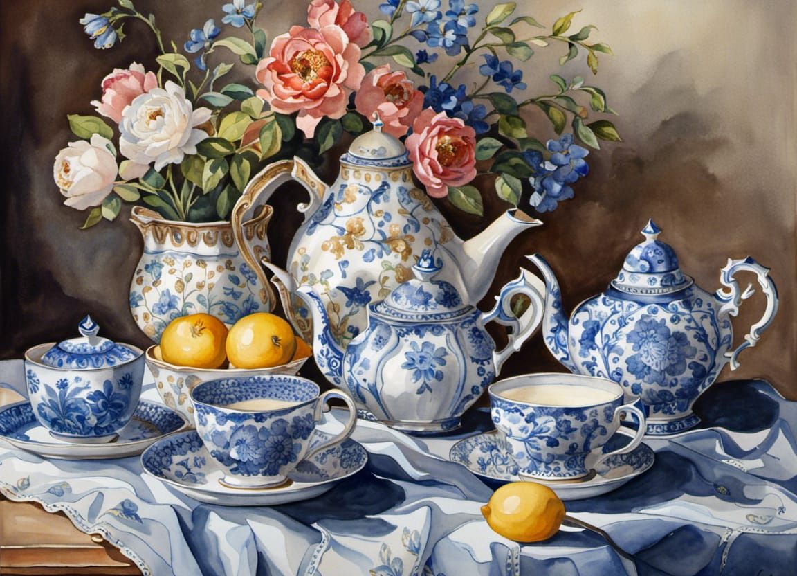 Still life with flowers and Delftware