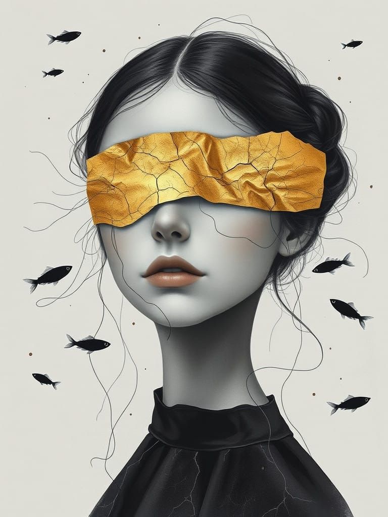 Serene Woman in Golden Blindfold amidst Ethereal Tendrils