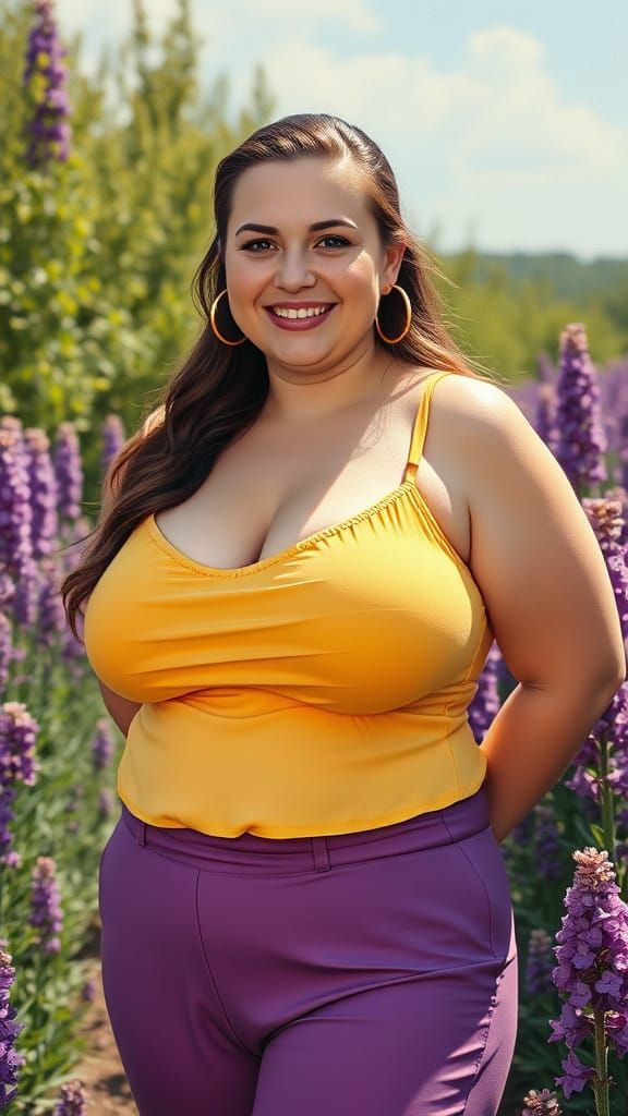 Ukrainian Woman in Purple Garden, Oil Painting Style