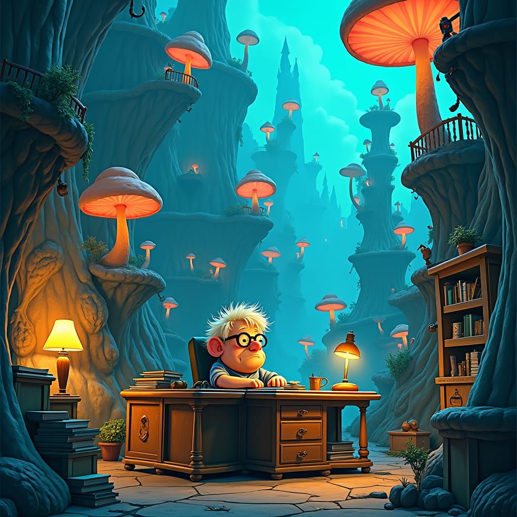 Cartoon Character in Floating Mushroom City
