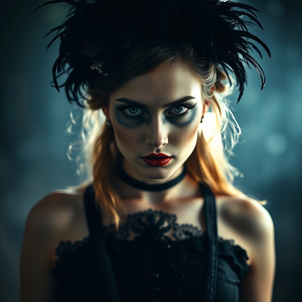 femme gothique dans une forêt brumeuse au crépuscule.