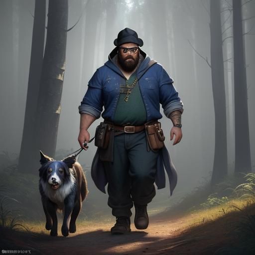 Man Walking Dog in Mystical Forest, Digital Painting