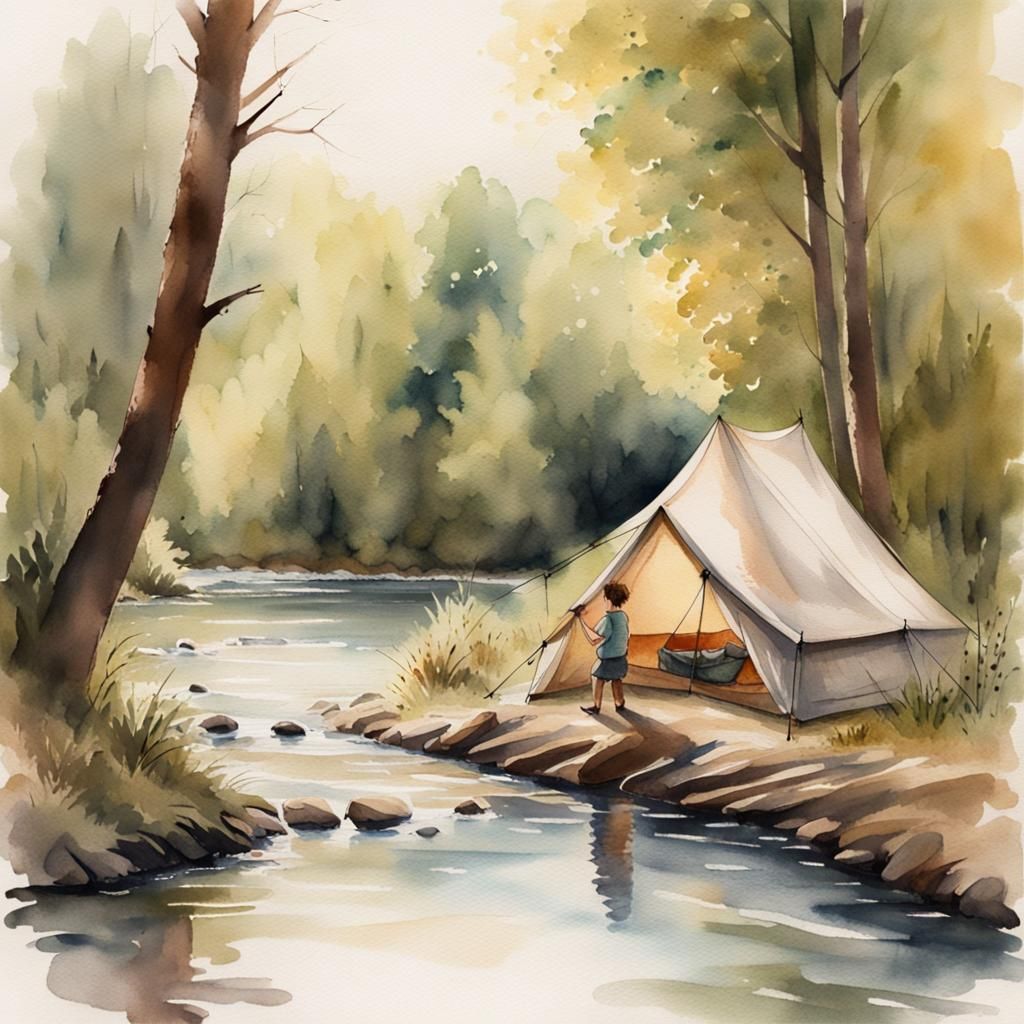 Watercolor Landscape: Tent, River, and Fisherman