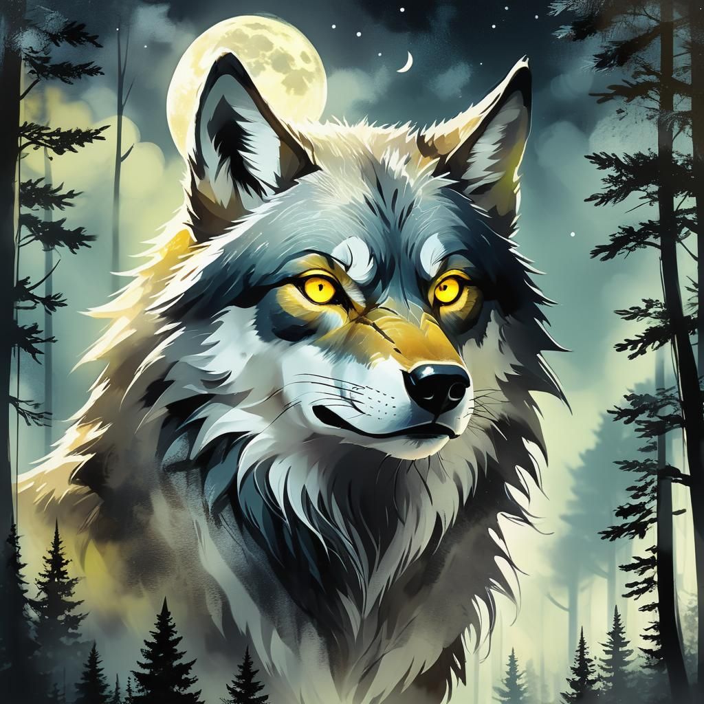 Wolf Creature Gazing at Moon in Manga Style