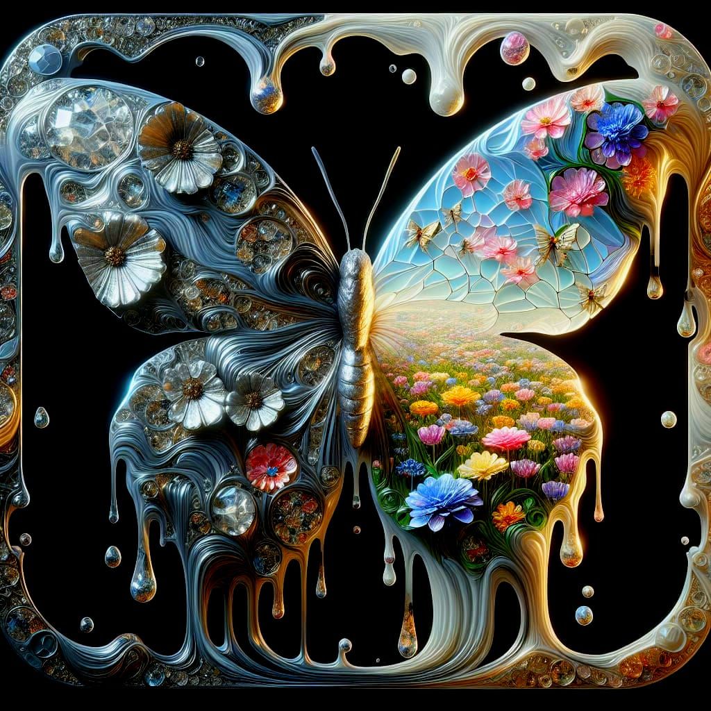 Silver Butterfly Merging with Stained Glass, 3D Render
