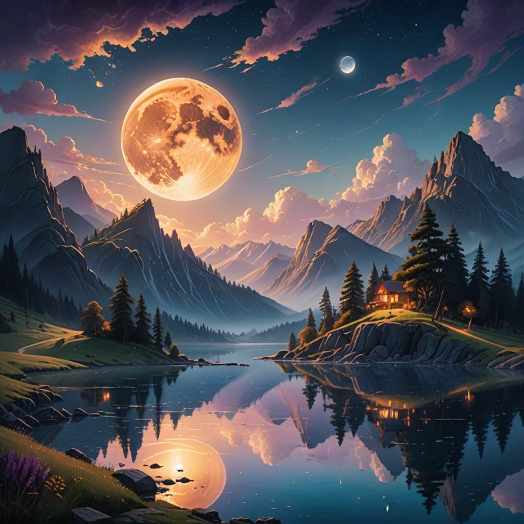 Surreal Cosmic Landscape with Full Moon