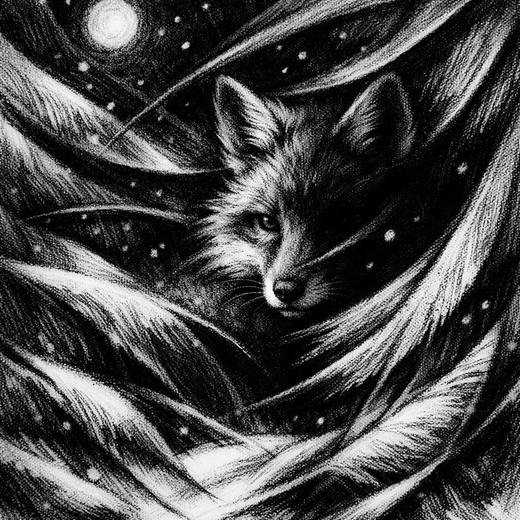 Charcoal artwork of a fox on a winter's night. stark contrast between black and white. The use of curved and flowing lin...