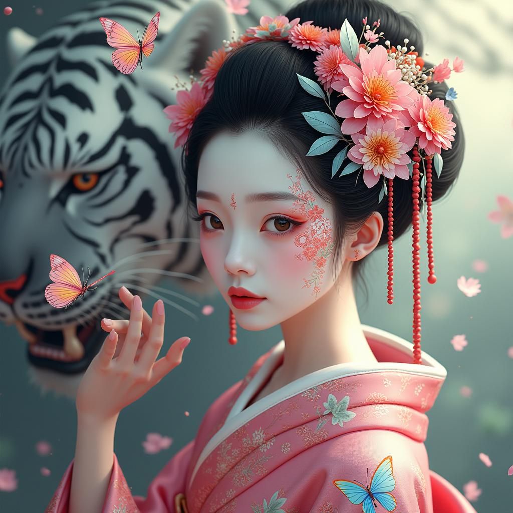 Geisha, Tiger, and Butterflies in Anime Style