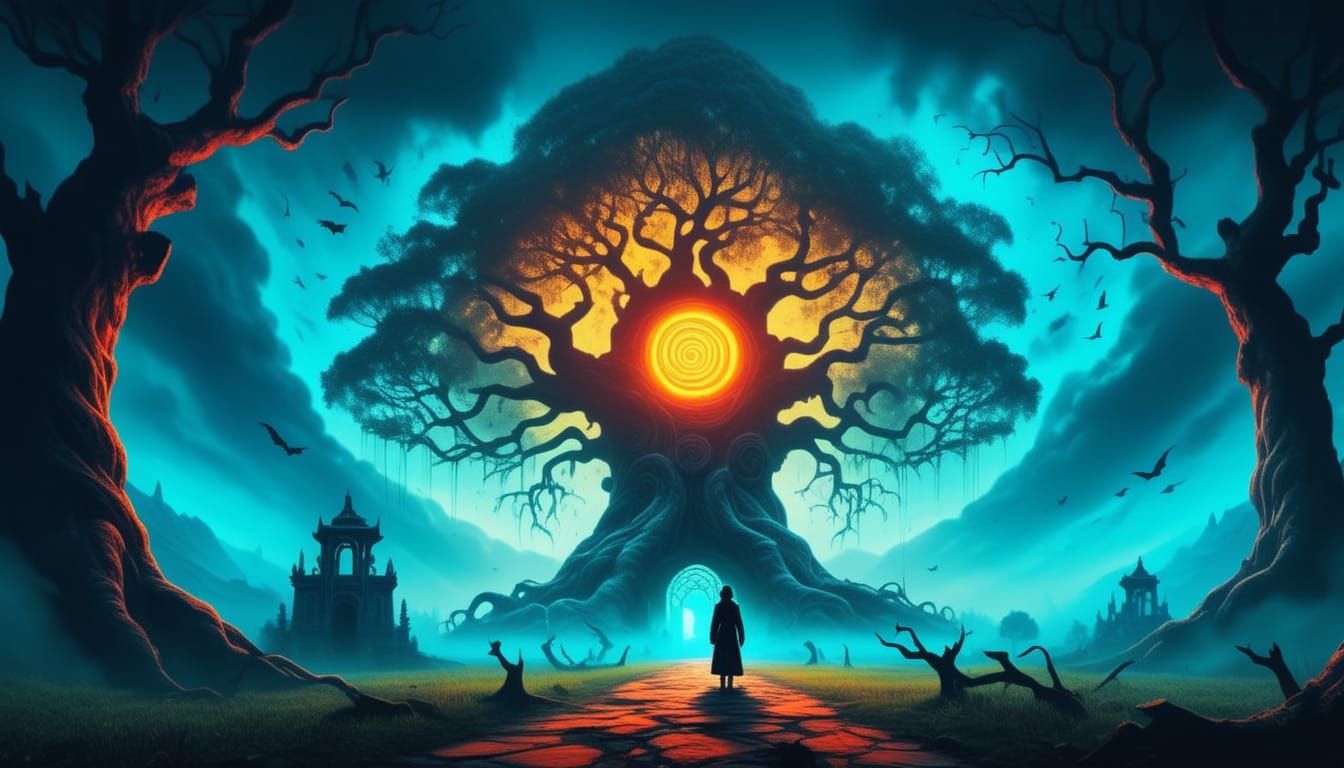 Eerie Creature in Mystical Valley, Surreal Digital Art