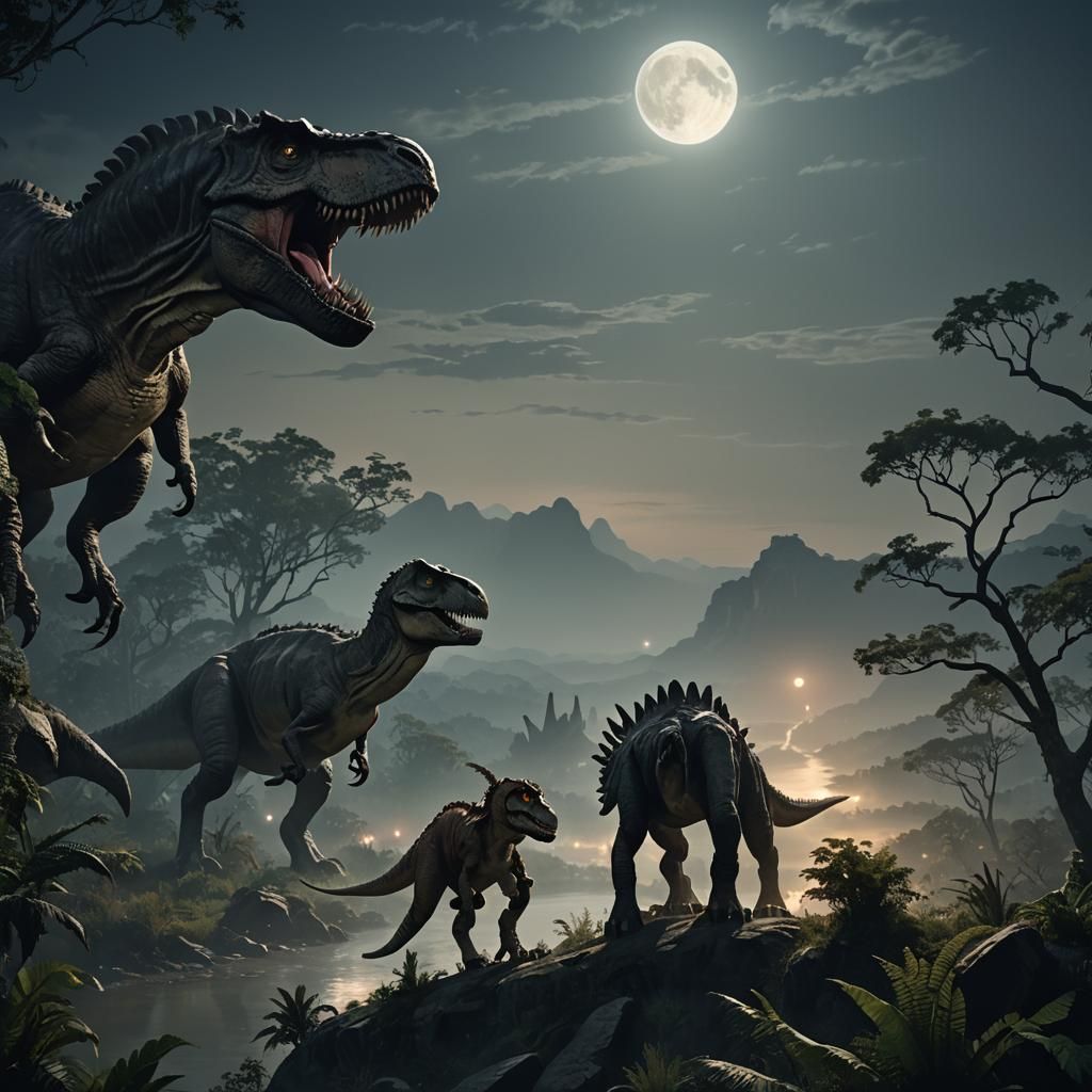 Dramatic Moonlit Jurassic Landscape with Dinosaurs