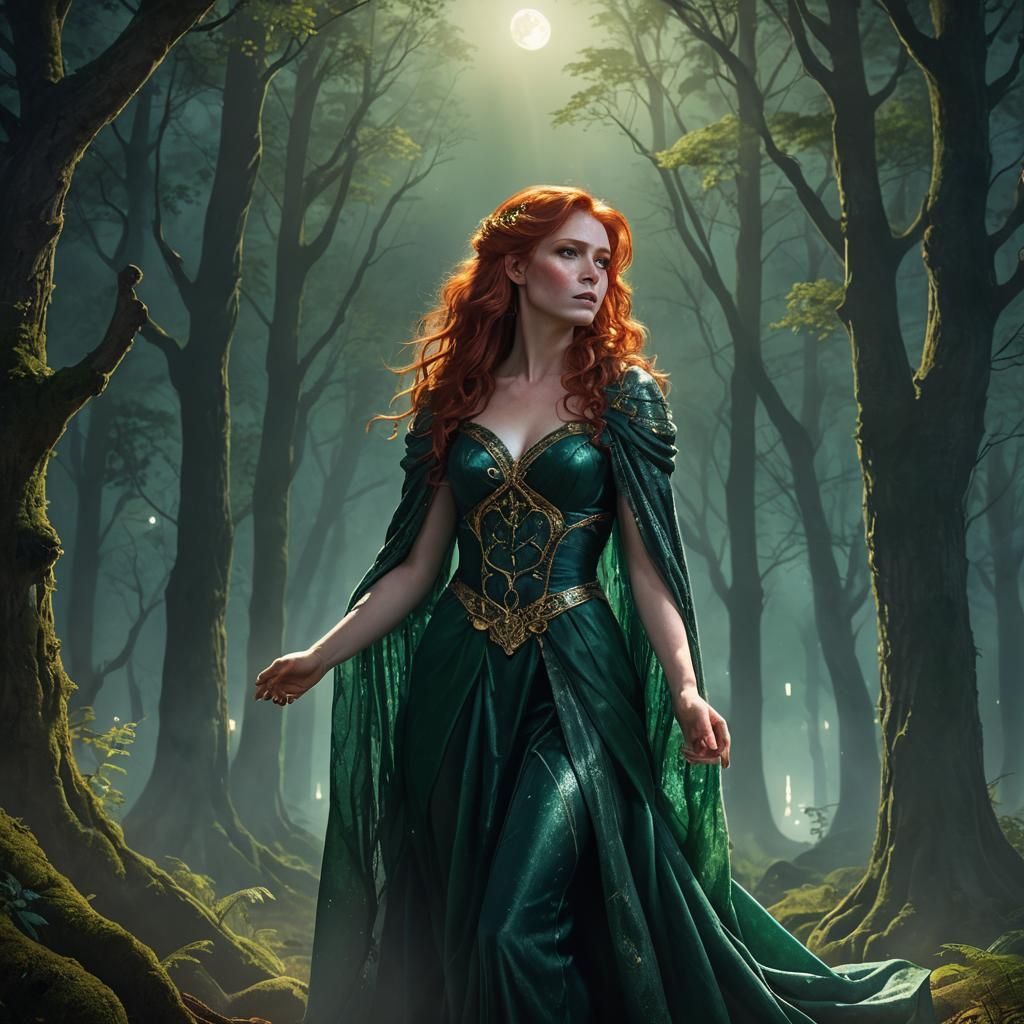 Enchanting Jolene in Moonlit Forest, Fantasy Art
