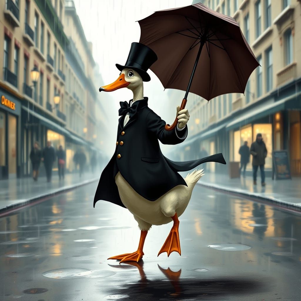 Dancing Duck in Rainy City, Storybook Style