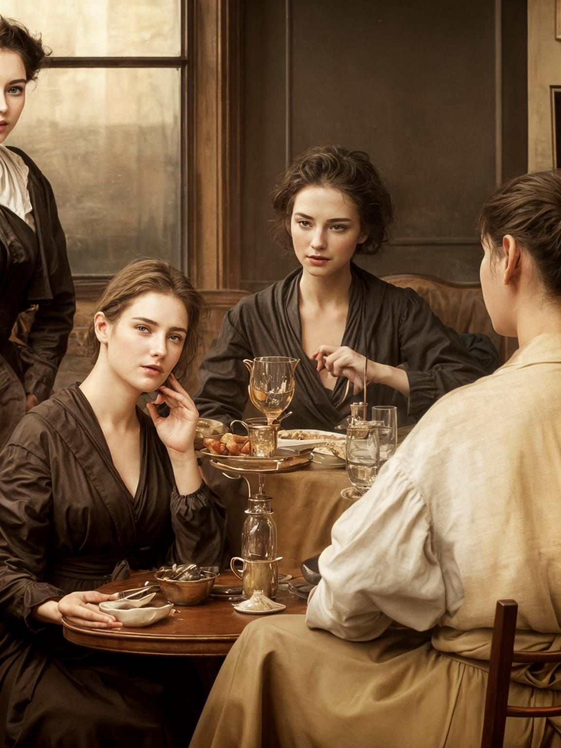 Beautiful Woman Enjoying Tea in Cafe: Photorealistic Portrai...