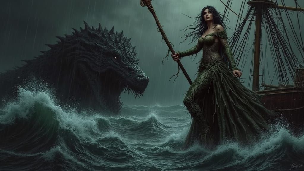 Sinister Mermaid with Sea Monster in Ominous Style