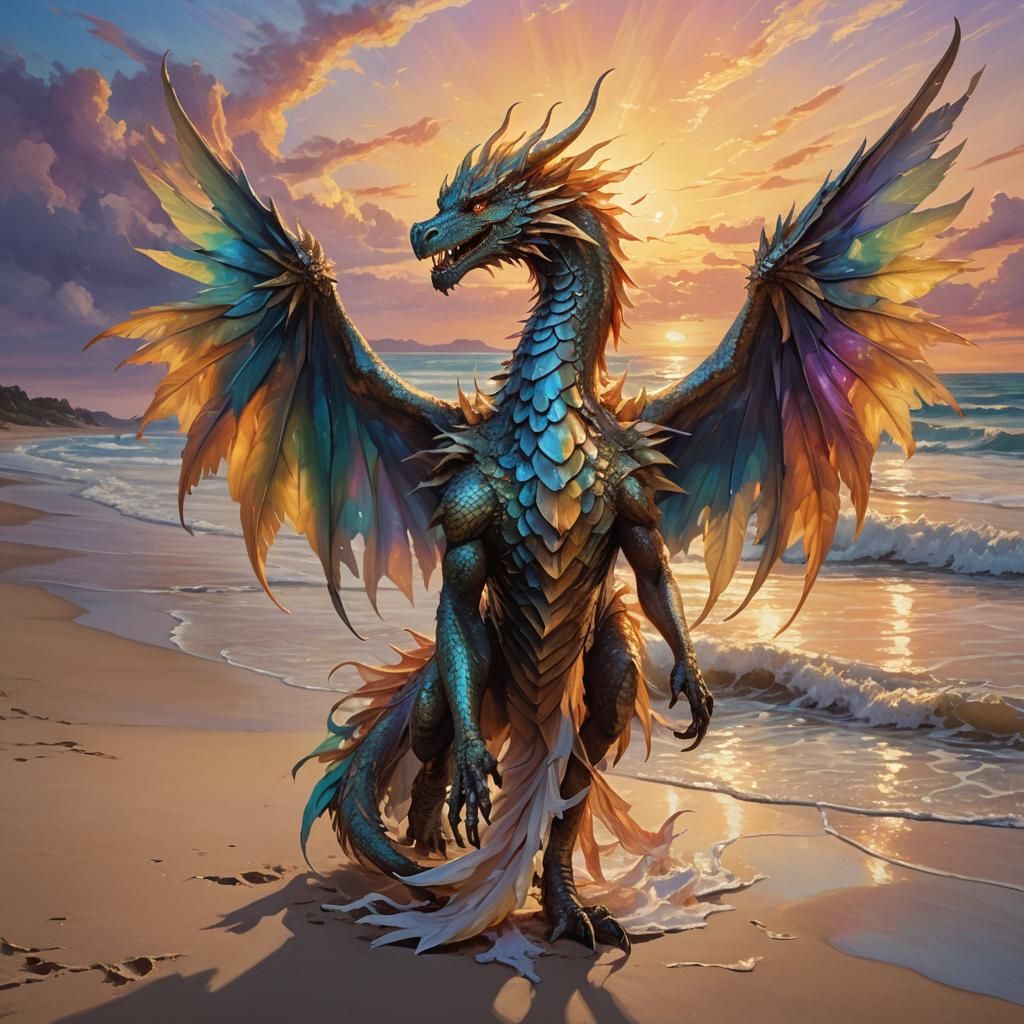 Dragon Angel on Beach: Vibrant Oil Painting