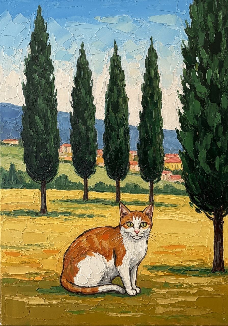 Impressionist Cat Portrait with Cypress Trees